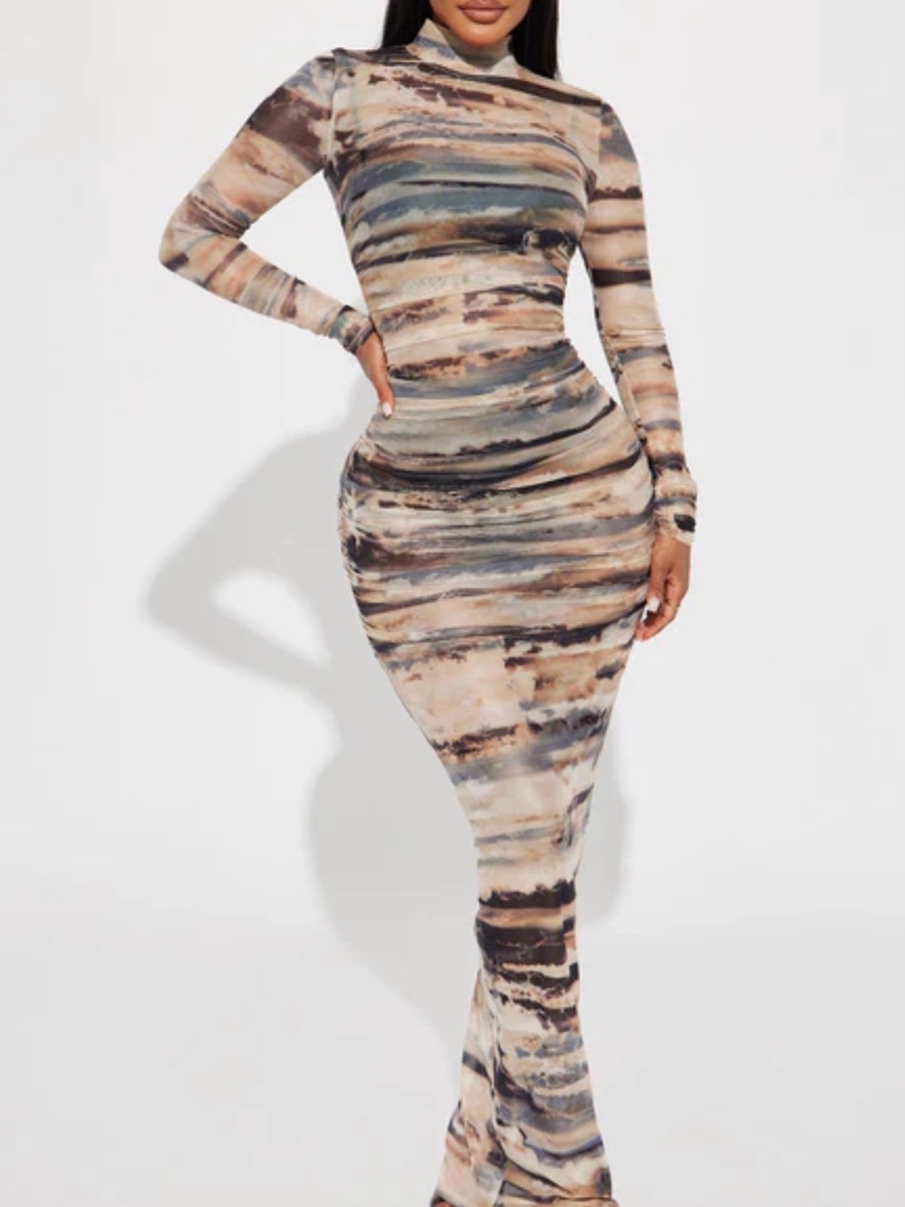 Fashion Nova Neutral Marble-Print Maxi Dress